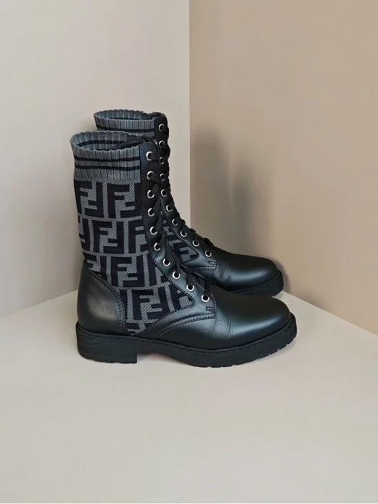 Authentic Fendi Black & Gray FF Logo Lace-Up Combat Boots - Picture 4 of 6
